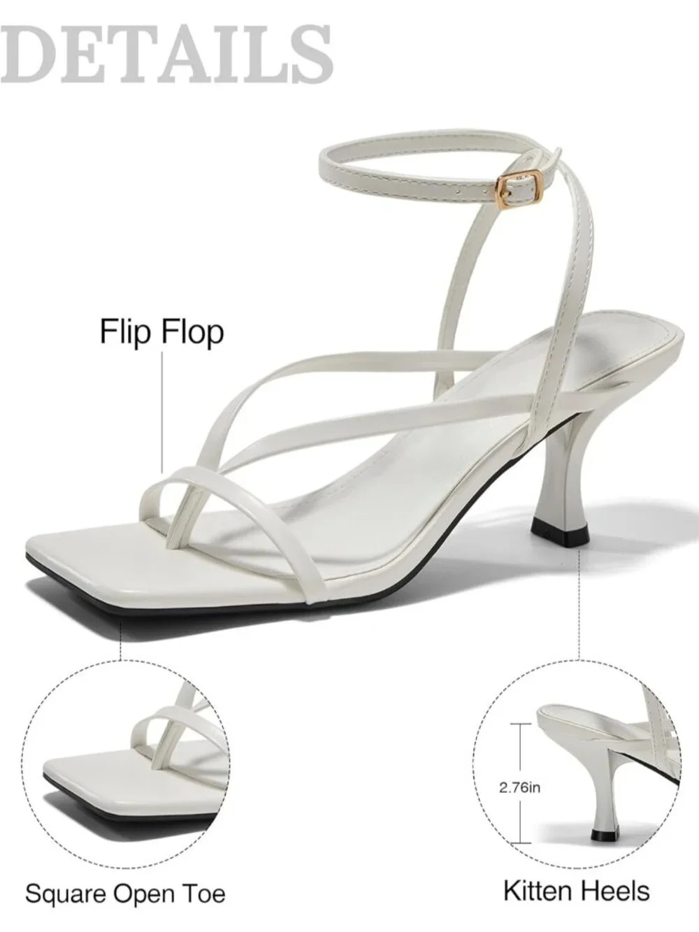 Women's White Lace Up Heels Sandal Square Toe Flip Flop Kitten Heel Ankle Strap